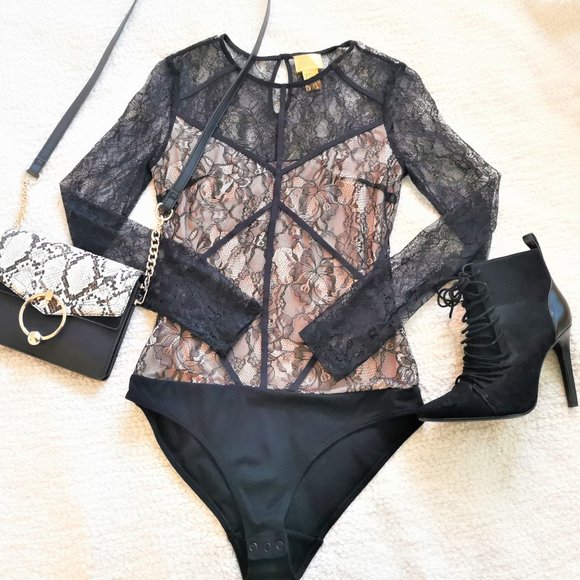 H&M SEXY NUDE Black lace shoulder Long sleeve - Picture 1 of 6